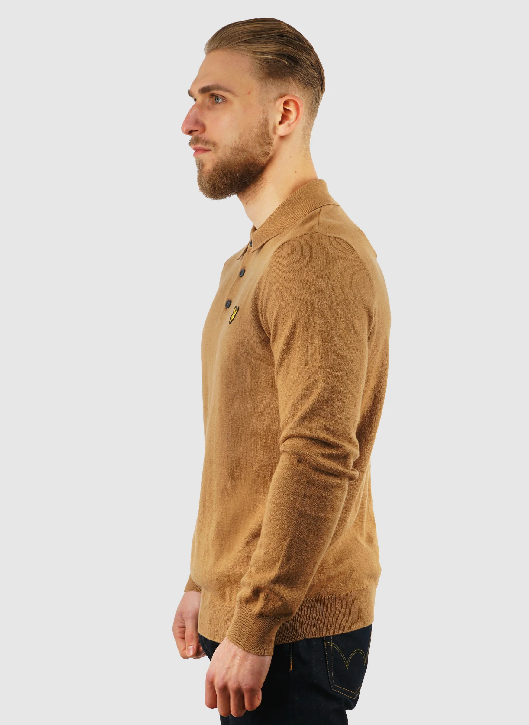 Cotton Merino Long Sleeve Knitted Polo - Tigers Eye - Image 2