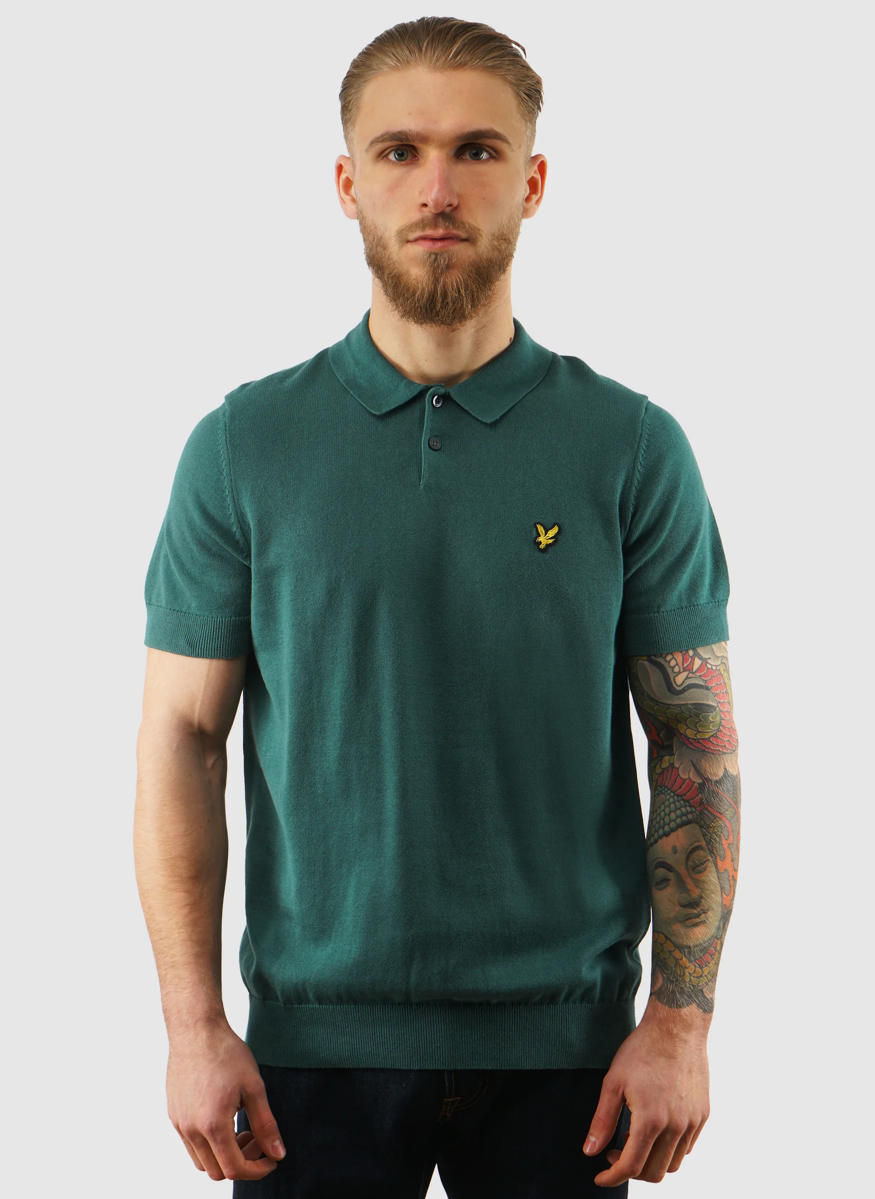 Cotton Short Sleeve Knitted Poloshirt - Everglade - Image 2