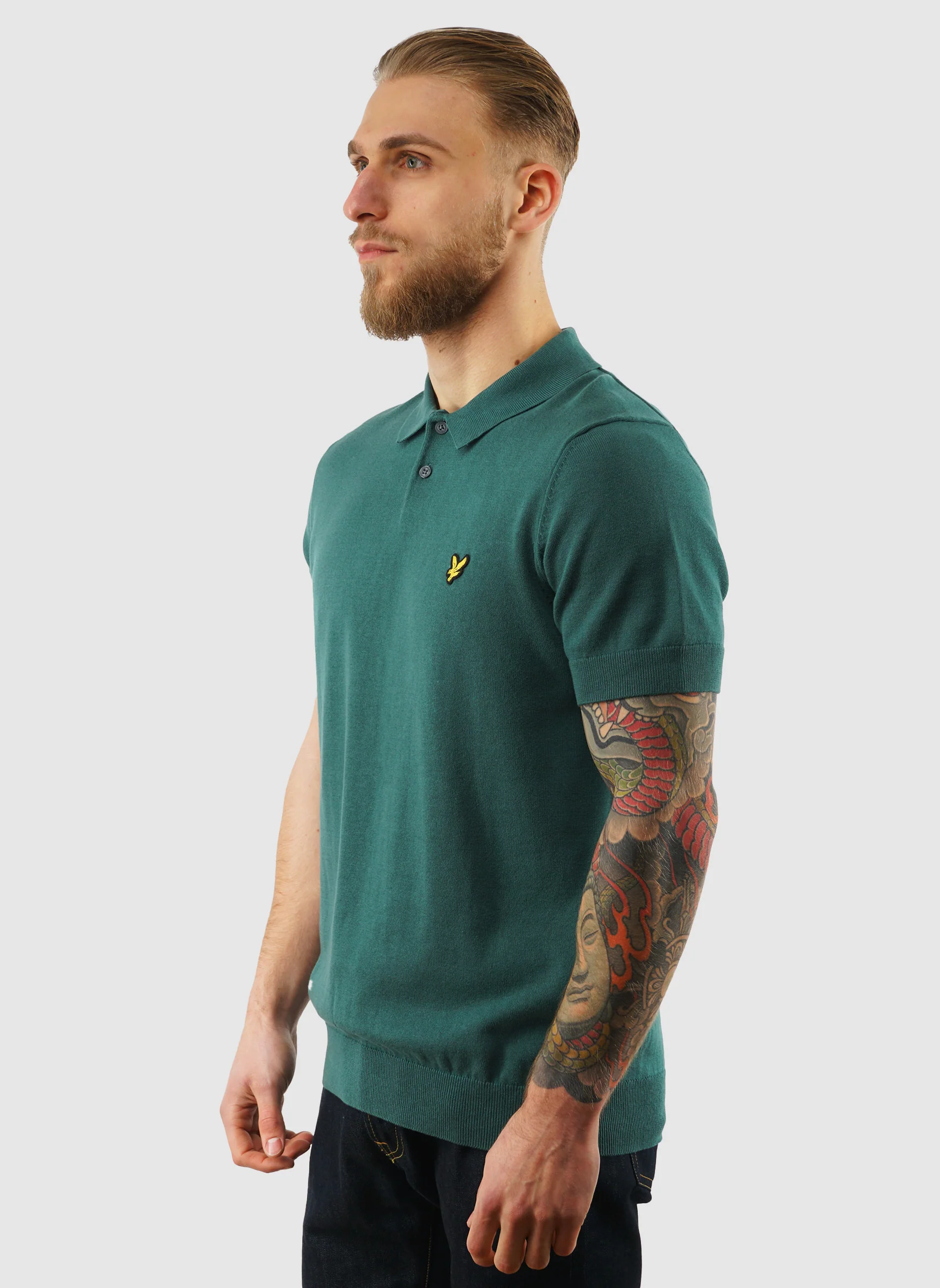 Cotton Short Sleeve Knitted Poloshirt - Everglade - Image 3