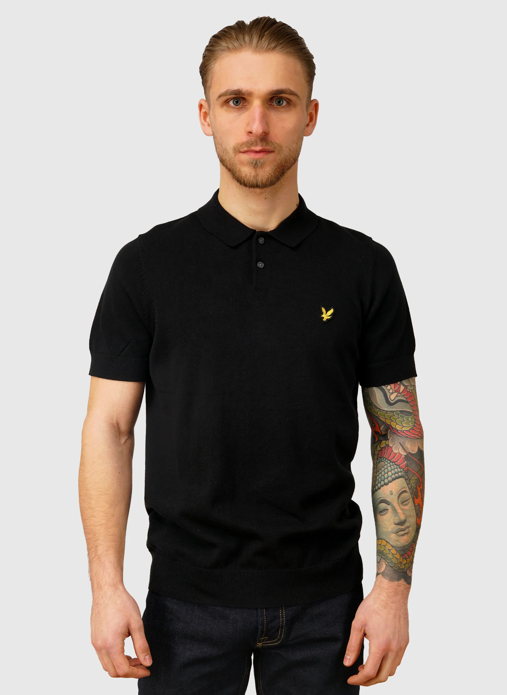 Cotton Short Sleeve Knitted Poloshirt - Jet Black - Image 2