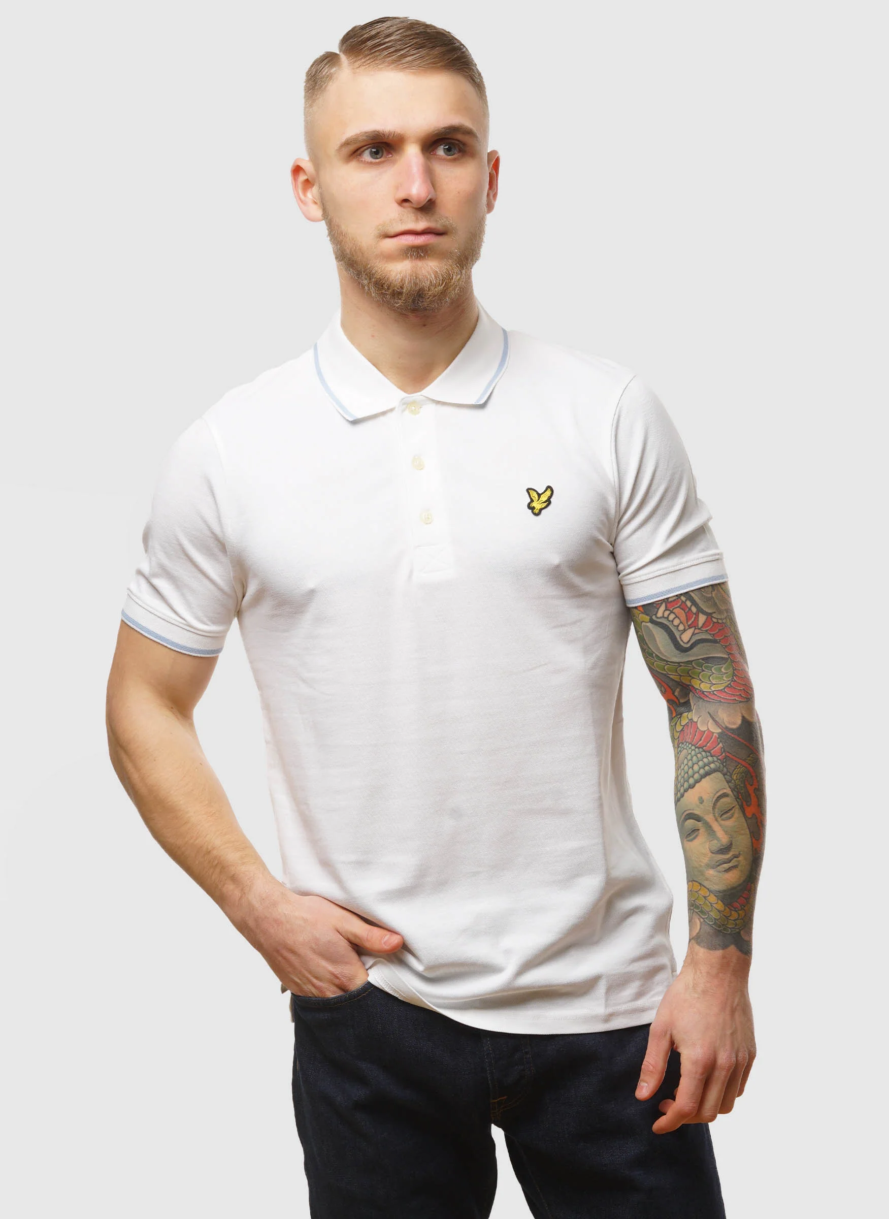 Tipped Poloshirt - White/Light Blue - Image 4